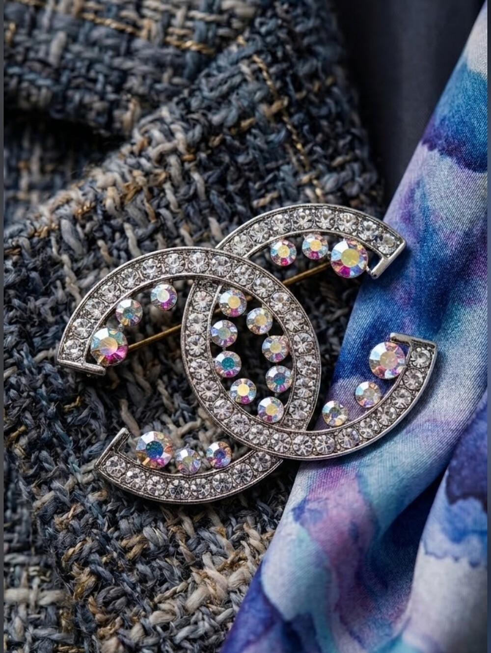 Silver Aurora Borealis Rhinestone Interlocking C Brooch Quiet Luxury Blazer Pin